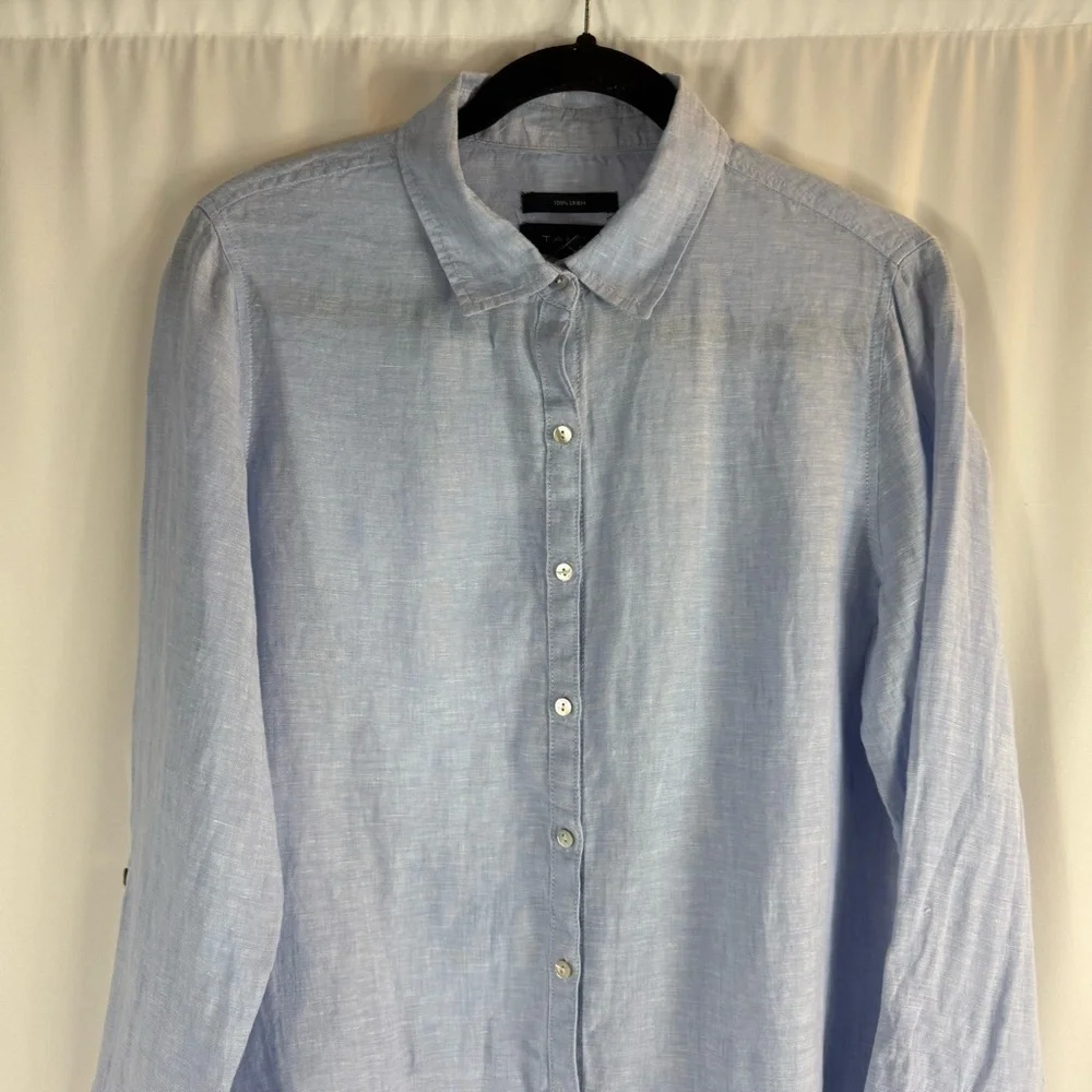 Tahari French blue 100% linen tunic shirt top split hem S Button -Up Top - Picture 4 of 14